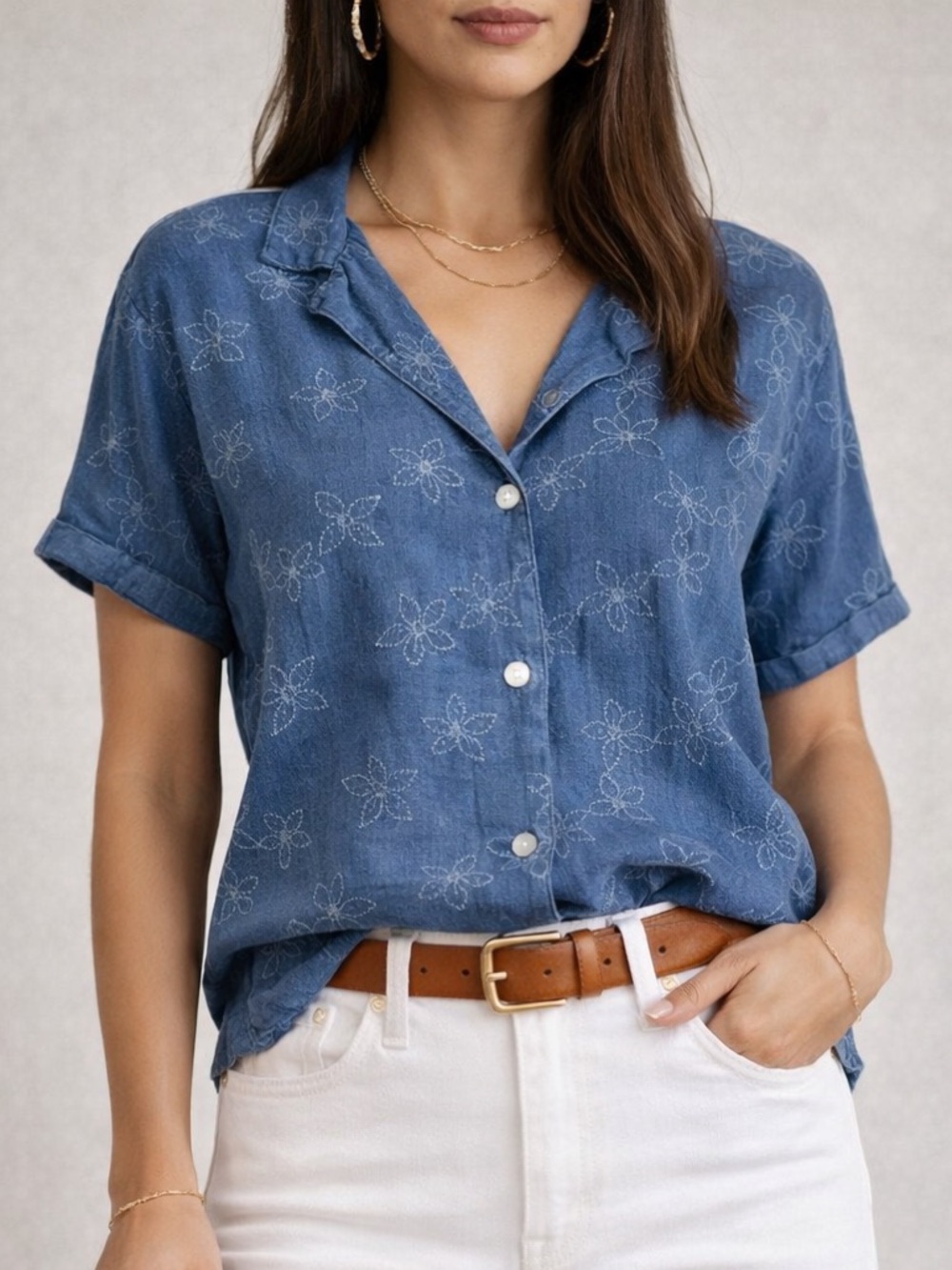 Cloth & Stone Embroidered Chambray Button Front Camp Shirt Rayon Linen Size M
